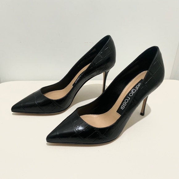 Sergio Rossi Black Croc Embossed Leather Pointed Toe Pumps Stiletto heel Shoes - Picture 9 of 16